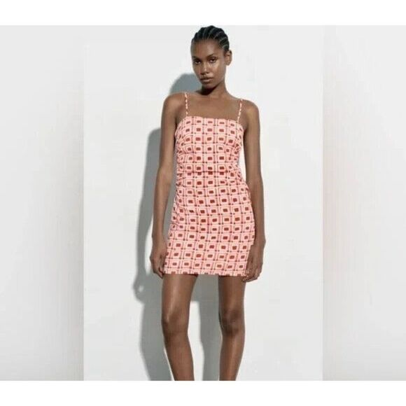 Zara Womens Mini Dress 2XL Red White Geometric Cut Out Square Neck NWOT - Picture 1 of 7
